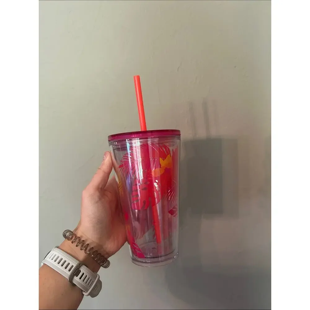 Starbucks Pink and Coral Tropical Reusable Tumbler with Straw